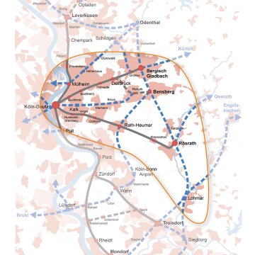 Mit dem Projekt RadPendlerRouten wird das Bergische RheinLand besser an die Stadt Köln angebunden. Grafiknachweis: Rheinisch-Bergischer Kreis/LINDSCHULTE Ingenieurgesellschaft mbH, Bearbeitung: REGIONALE 2025 Agentur