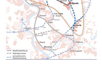 Mit dem Projekt RadPendlerRouten wird das Bergische RheinLand besser an die Stadt Köln angebunden. Grafiknachweis: Rheinisch-Bergischer Kreis/LINDSCHULTE Ingenieurgesellschaft mbH, Bearbeitung: REGIONALE 2025 Agentur